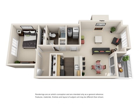 Floor plan for 1 bed, 1 bath, 721 sqft